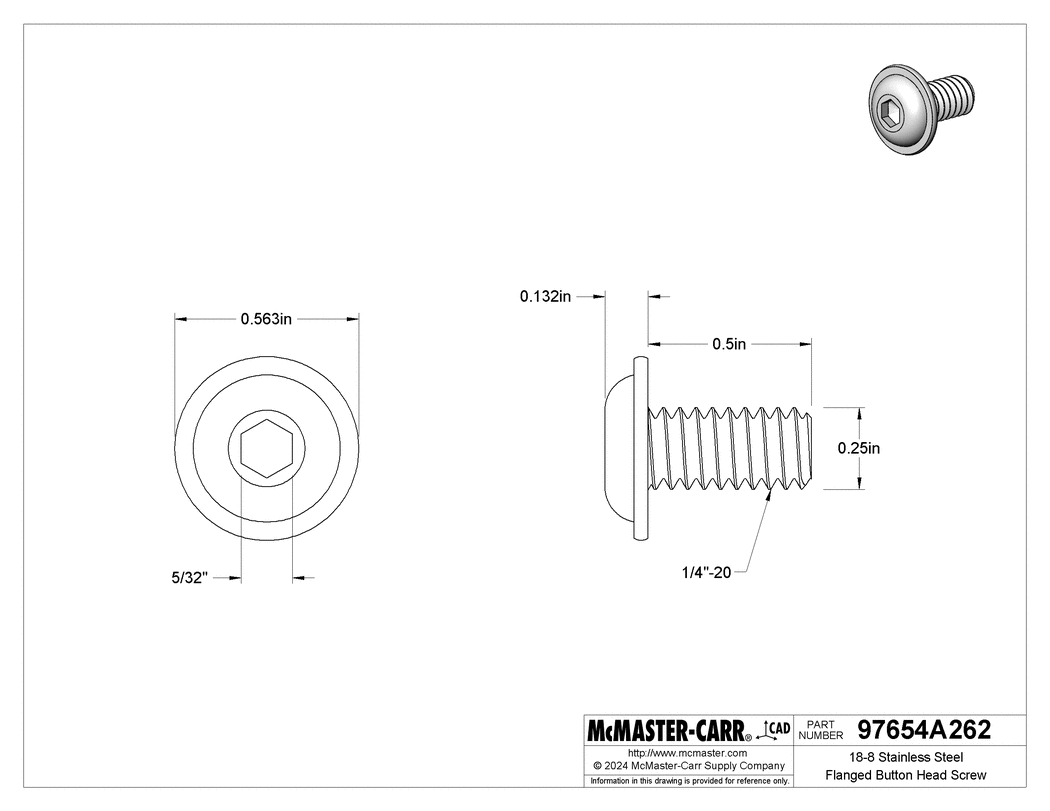 Technical Drawing of 18-8 Stainless Steel Flanged Button Head Screw, 1/4"-20 Thread, 1/2" Long.
